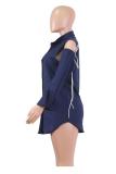 Dark Blue Turndown Collar Long Sleeve Patchwork Button Solid