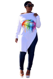 White O Neck Nine Sleeves Print Lips Print Zippered Split Tees & T-shirts