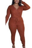 Brown Casual Twilled Satin Solid V Neck Plus Size 