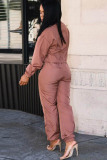 Deep pink Casual Two Piece Suits contrast color Solid Straight Long Sleeve Two-piece Pants Set