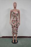 Multi-color Fashion Sexy Spaghetti Strap Sleeveless Slip Sheath Mid-Calf bandage Print Tie and dye asy