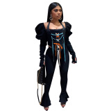 Black Street Solid Bandage Square Collar Long Sleeve Two Pieces