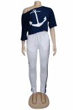 White adult Fashion Casual contrast color Print Two Piece Suits Patchwork pencil Short Sleeve T