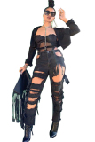 Black Denim Zipper Fly Button Fly High Solid washing Hole Zippered Straight Pants 