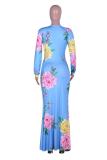 Light Blue Street Fashion adult Sexy Cap Sleeve Long Sleeves V Neck Sheath Ankle-Length Print split F