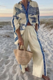 Yellow Graphics Print Turndown Collar Long Sleeve Buttons Blouse And Wide Leg Pants Vacation Casual Two Pieces Trouser Sets