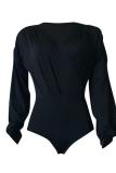 Black Fashion Sexy Solid Milk. Long Sleeve V Neck 