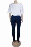 White adult Fashion Casual contrast color Print Two Piece Suits Patchwork pencil Short Sleeve T