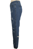 Blue Denim Button Fly Zipper Fly Mid washing Solid Hole Straight Pants 