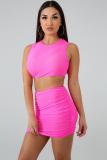 rose red Fashion Sexy Slim fit Two Piece Suits crop top Solid Fluorescent Skinny Sleeveless Two-Pi