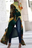 Multicolor African Figure Print High Slit Turtleneck Long Sleeve Long Casual Maxi Dresses
