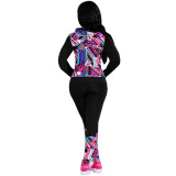 Pink Sexy Print Patchwork Hooded Collar Long Sleeve Two Pieces