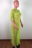 Yellow Casual Fashion Cap Sleeve Half Sleeves O neck Straight Ankle-Length Solid asymmetrical Mes