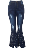 Dark Blue Denim Button Fly Zipper Fly High washing Zippered Solid Beading Asymmetrical Hole Boot Cut Pants 