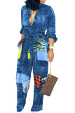 Blue Casual Color Lump Print Bandage Patchwork Buckle Mandarin Collar Straight Jumpsuits