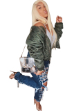 Dark Blue Denim Zipper Fly Button Fly High washing Hole Zippered Pocket Straight Pants Pants