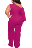 Red Sexy Solid Patchwork Oblique Collar Plus Size Jumpsuits