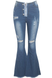 Blue Denim Button Fly Zipper Fly High Solid Zippered Pocket Boot Cut Pants 