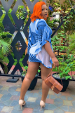 Light Blue Chemical fiber blend Fashion adult Sexy Cap Sleeve Half Sleeves V Neck Step Skirt ruffle Patchwork P