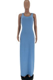 Light Blue Sexy Fashion Tank Sleeveless Slip Step Skirt Ankle-Length Patchwork Solid Casual Dresses