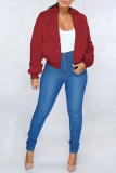 Wine Red O Neck Solid Pure Long Sleeve Coats & Cardigan