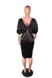 rose red Sexy lantern sleeve Half Sleeves V Neck Lantern skirt Mid-Calf Solid Casual Dresses