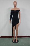 Black Sexy adult Fashion Cap Sleeve Long Sleeves V Neck Asymmetrical Ankle-Length Solid asymmetr