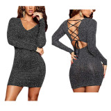 Purple Sexy Solid Hollowed Out V Neck Wrapped Skirt Dresses