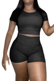 Grey Sportswear Solid Patchwork O Neck Short Sleeve Two Pieces