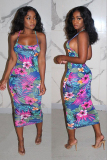 rose red Fashion Sexy adult Spaghetti Strap Sleeveless Slip Step Skirt Mid-Calf Print backless holl