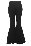 Black Denim Button Fly Sleeveless High Solid Patchwork Hole Boot Cut Pants 