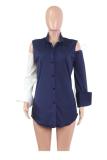 Dark Blue Turndown Collar Long Sleeve Patchwork Button Solid