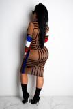 Multi-color Fashion Sexy Cap Sleeve Long Sleeves V Neck Lantern skirt Knee-Length Print Patchwork