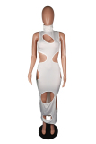 Black Fashion adult Sexy Tank Sleeveless Turtleneck Step Skirt Mid-Calf Solid Print hollow out