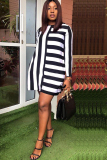 White Acetyl fiber Sweet Cap Sleeve Long Sleeves O neck Swagger Knee-Length Print Striped Patchwork 
