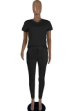 Black venetian Casual Fashion Ma'am adult Patchwork Two Piece Suits Solid pencil Short Sleeve Two-piece P