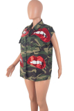 Green Denim Street Fashion Ma'am adult Turndown Collar Sequin Camouflage Sequined Pattern Plus Size overc