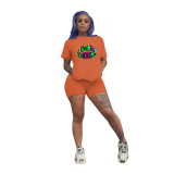 Black Fashion Casual Active Letter Lips Print Short Sleeve Two Pieces