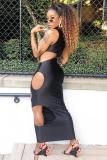 Black Fashion adult Sexy Tank Sleeveless Turtleneck Step Skirt Mid-Calf Solid Print hollow out