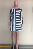 White Acetyl fiber Sweet Cap Sleeve Long Sleeves O neck Swagger Knee-Length Print Striped Patchwork 