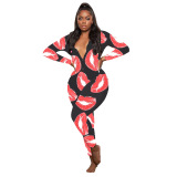 White Living Lips Printed V Neck Skinny Jumpsuits