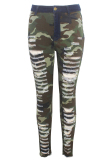 Camouflage Button Fly Sleeveless High Patchwork camouflage Print Hole pencil Pants