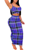 Blue Sexy Plaid Print Patchwork Spaghetti Strap Sleeveless Two Pieces