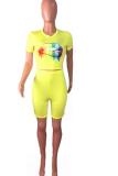 Yellow Sexy Print Straight Short Sleeve Two-Piece Short Set
