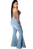 Blue Denim Button Fly Zipper Fly High Zippered Solid washing Pocket Boot Cut Pants Pants