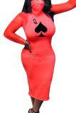 Yellow Fashion Europe and America Long Sleeves Turtleneck Pencil Dress Mid-Calf Print Dresses