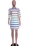 White Casual Fashion adult Cap Sleeve Half Sleeves O neck Step Skirt Mini Striped Beading Patchw