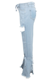Light Blue Denim Button Fly Sleeveless High Patchwork washing Hole Solid bandage Boot Cut Pants 