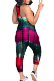 Red Casual Print Patchwork Pocket Spaghetti Strap Loose Jumpsuits