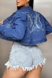 Blue Embroidery Butterfly Turndown Collar Long Sleeve Buttons Casual Croped Denim Jacket